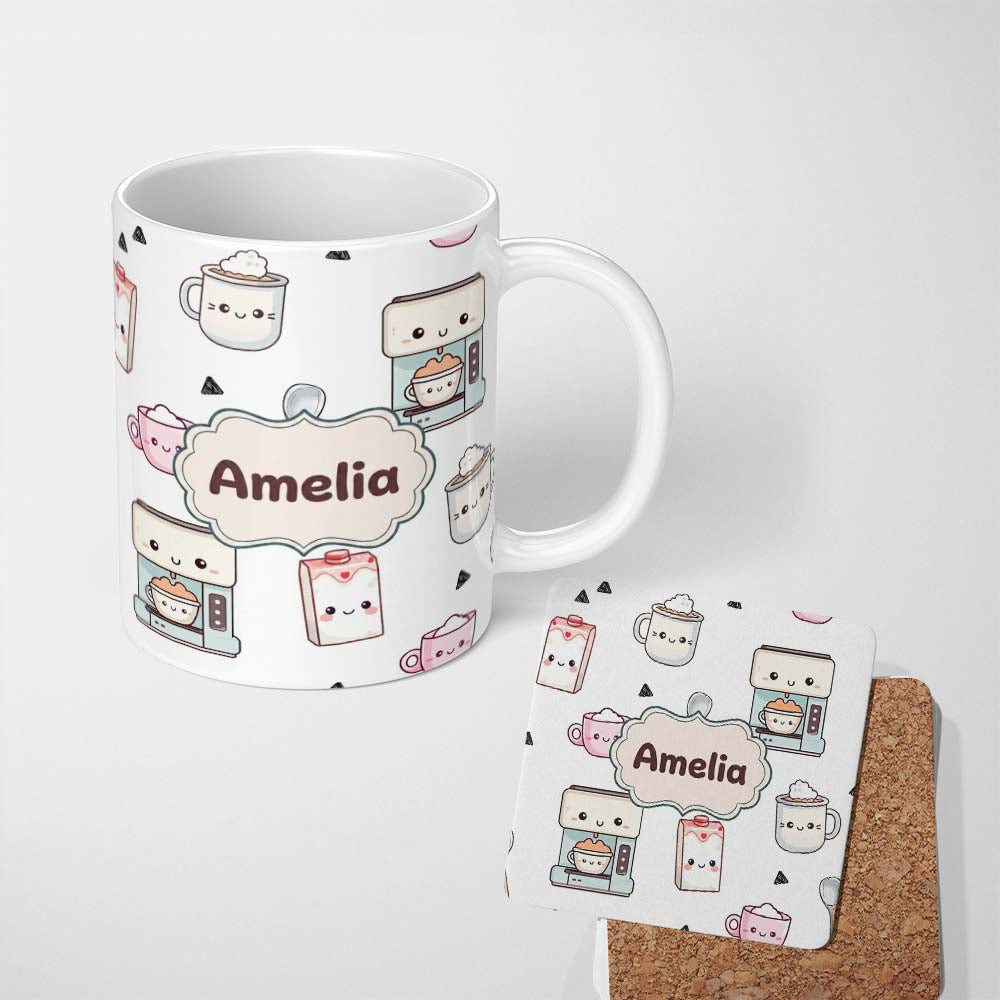 Personalized Custom Name Cute Kawaii Coffee Maker Cups Milk Grey Background Seamless Pattern 11oz Ceramic Coffee Tea Mug White Large Handle