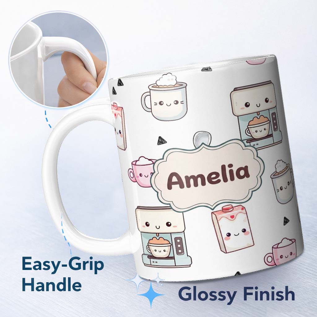 Personalized Custom Name Cute Kawaii Coffee Maker Cups Milk Grey Background Seamless Pattern 11oz Ceramic Coffee Tea Mug White Large Handle