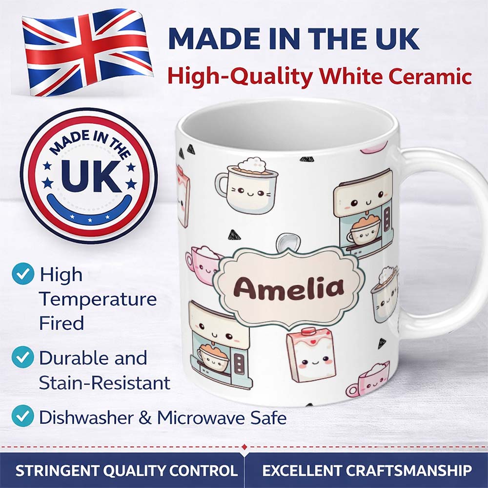 Personalized Custom Name Cute Kawaii Coffee Maker Cups Milk Grey Background Seamless Pattern 11oz Ceramic Coffee Tea Mug White Large Handle