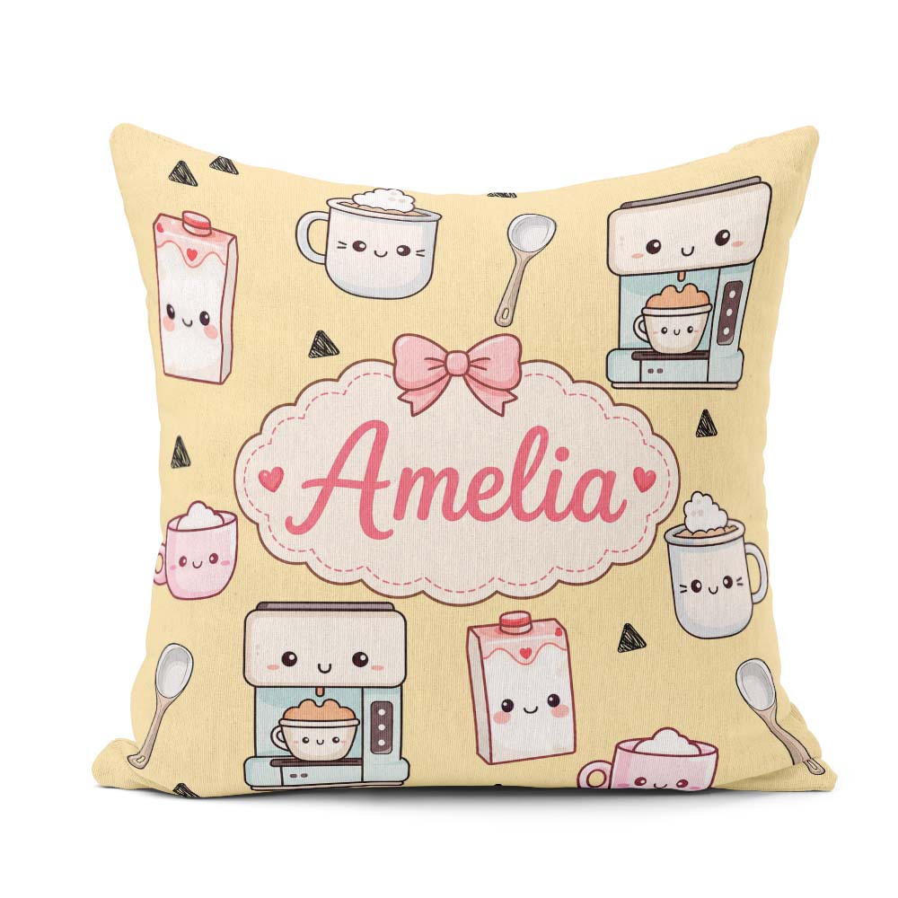 Custom Name Kawaii Maker Cups Milk Yellow Background Seamless Square Filled Cushion Throw Pillow Sofa Bed Home Decor Zip Washable UK Made