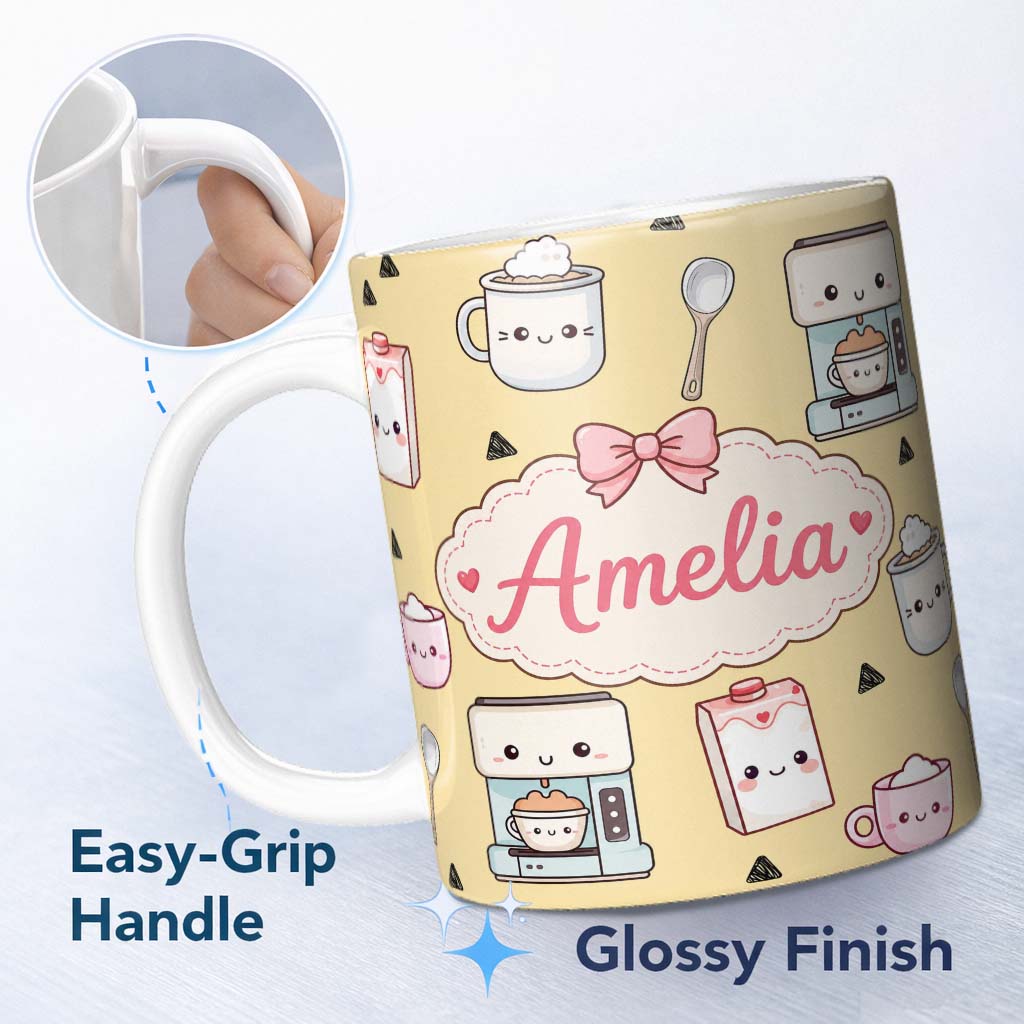 Personalized Custom Name Cute Kawaii Coffee Maker Cups Milk Yellow Background Seamless 11oz Ceramic Coffee Tea Mug White Large Handle