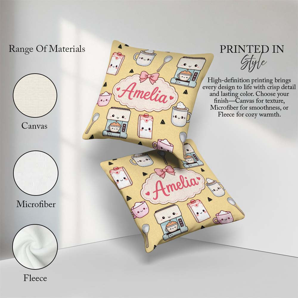 Custom Name Kawaii Maker Cups Milk Yellow Background Seamless Square Filled Cushion Throw Pillow Sofa Bed Home Decor Zip Washable UK Made