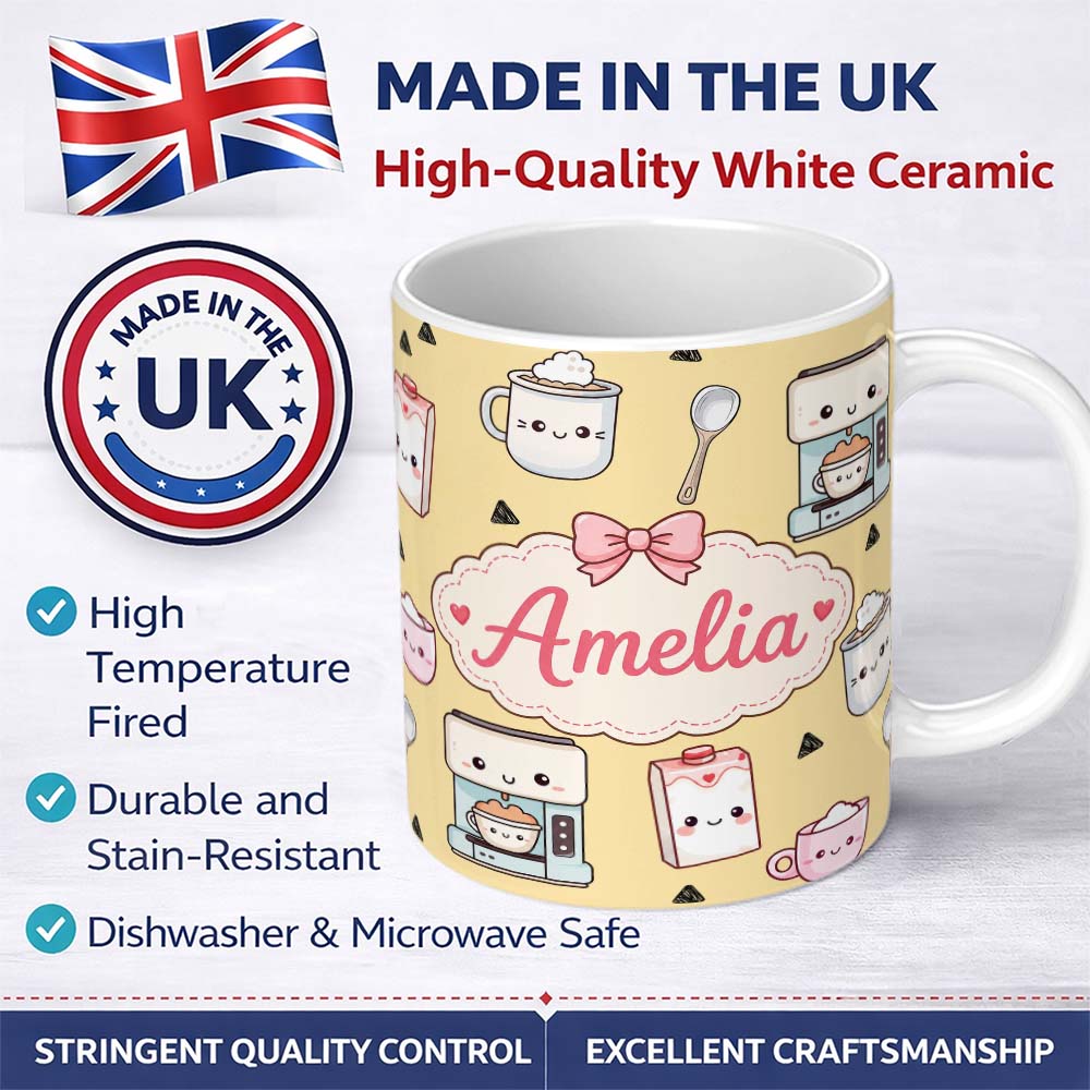 Personalized Custom Name Cute Kawaii Coffee Maker Cups Milk Yellow Background Seamless 11oz Ceramic Coffee Tea Mug White Large Handle
