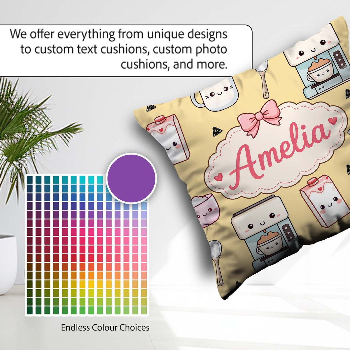 Custom Name Kawaii Maker Cups Milk Yellow Background Seamless Square Filled Cushion Throw Pillow Sofa Bed Home Decor Zip Washable UK Made