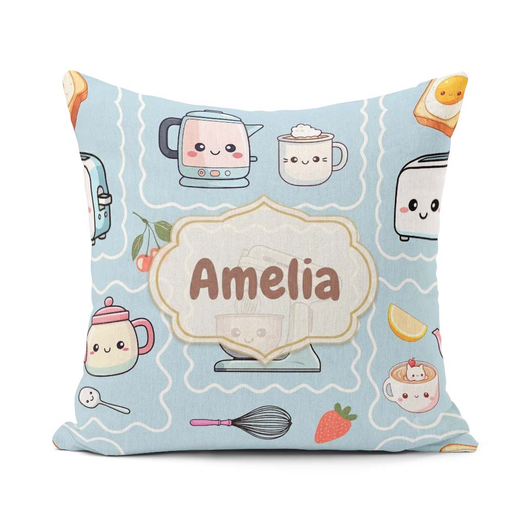 Custom Name Cute Kawaii Mixer Kettle Cups Fruit Blue Background Square Filled Cushion Throw Pillow Sofa Bed Home Decor Zip Washable UK Made
