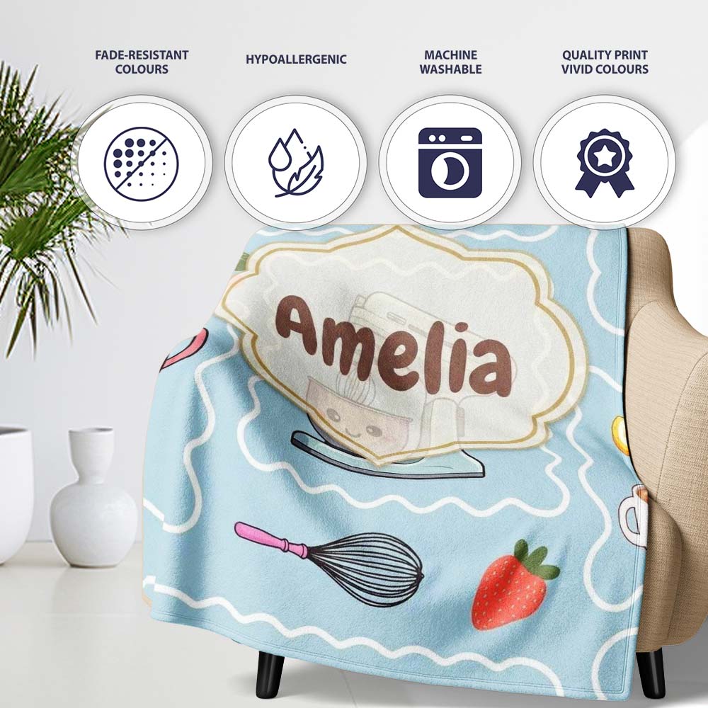 Cute Kawaii Mixer Kettle Cups Fruit Blue Background Seamless Personalised Custom Name Super Soft Fleece Blanket Bed Sofa Throw