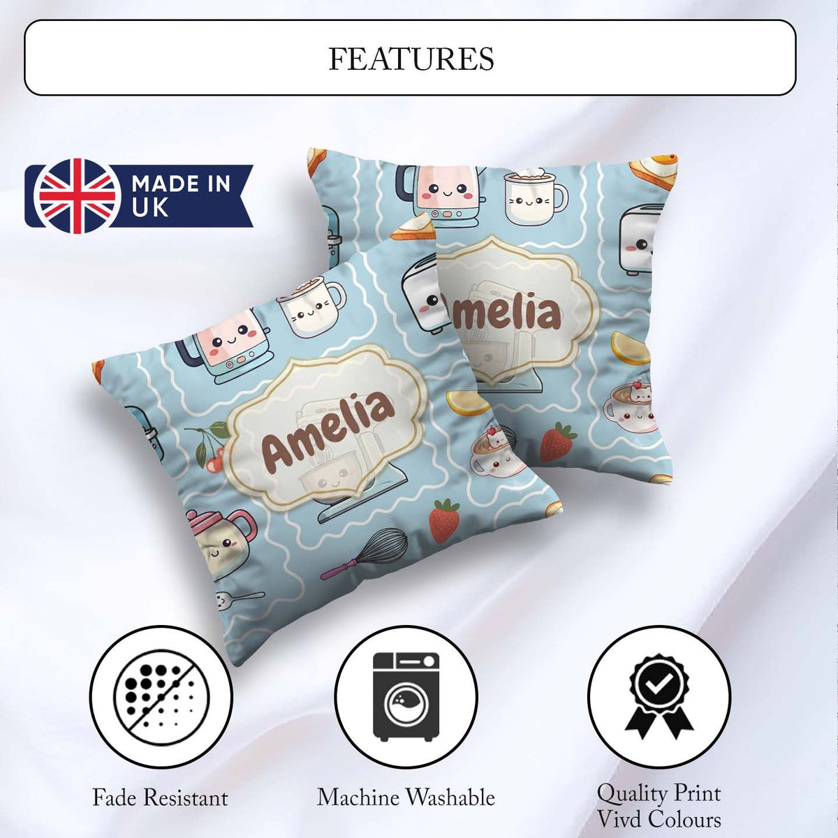 Custom Name Cute Kawaii Mixer Kettle Cups Fruit Blue Background Square Filled Cushion Throw Pillow Sofa Bed Home Decor Zip Washable UK Made