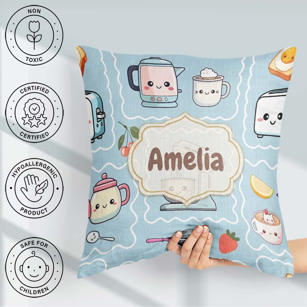 Custom Name Cute Kawaii Mixer Kettle Cups Fruit Blue Background Square Filled Cushion Throw Pillow Sofa Bed Home Decor Zip Washable UK Made