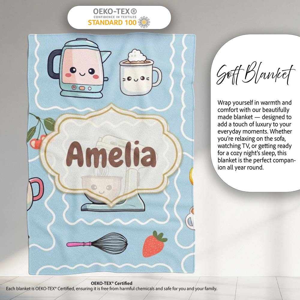 Cute Kawaii Mixer Kettle Cups Fruit Blue Background Seamless Personalised Custom Name Super Soft Fleece Blanket Bed Sofa Throw