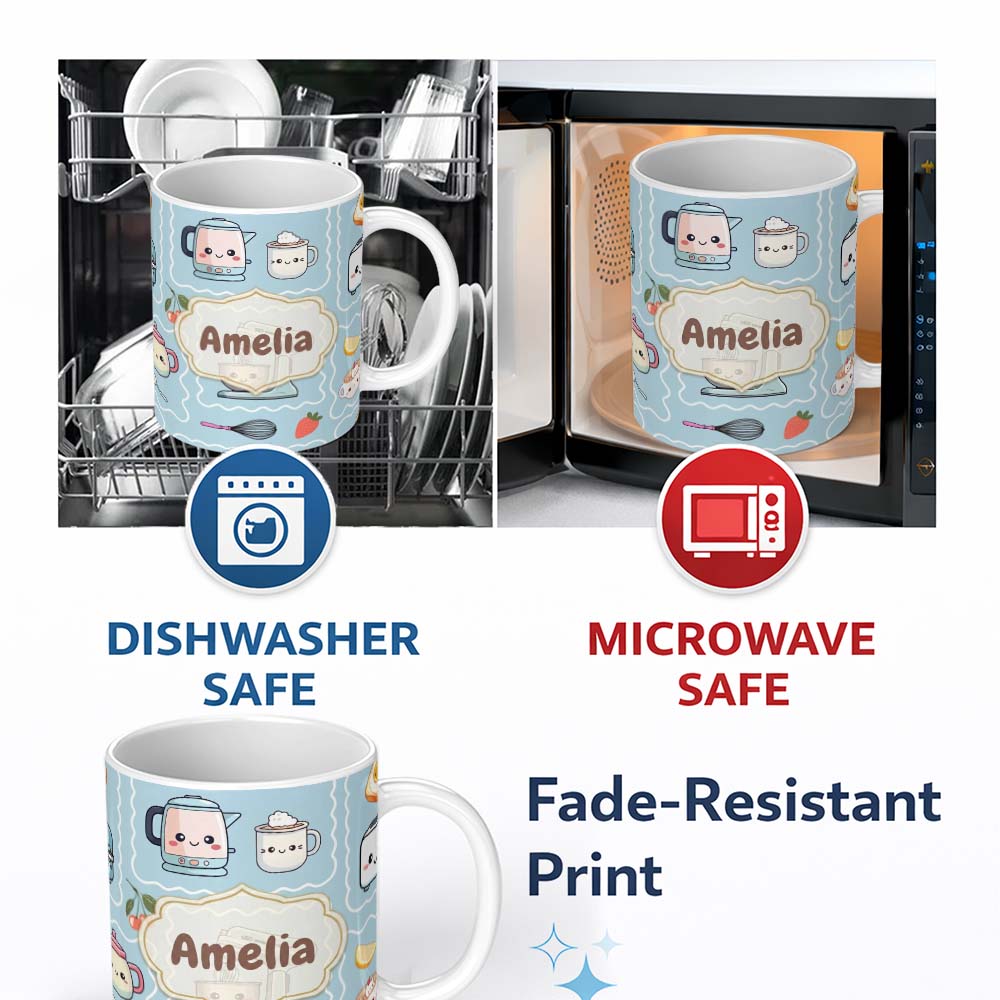 Personalized Custom Name Cute Kawaii Mixer Kettle Cups Fruit Blue Background Seamless 11oz Ceramic Coffee Tea Mug White Large Handle