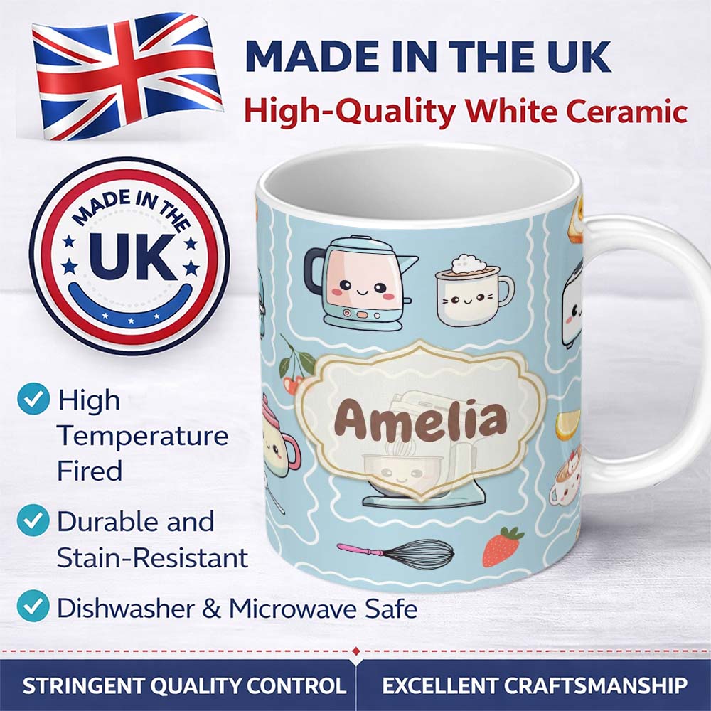 Personalized Custom Name Cute Kawaii Mixer Kettle Cups Fruit Blue Background Seamless 11oz Ceramic Coffee Tea Mug White Large Handle