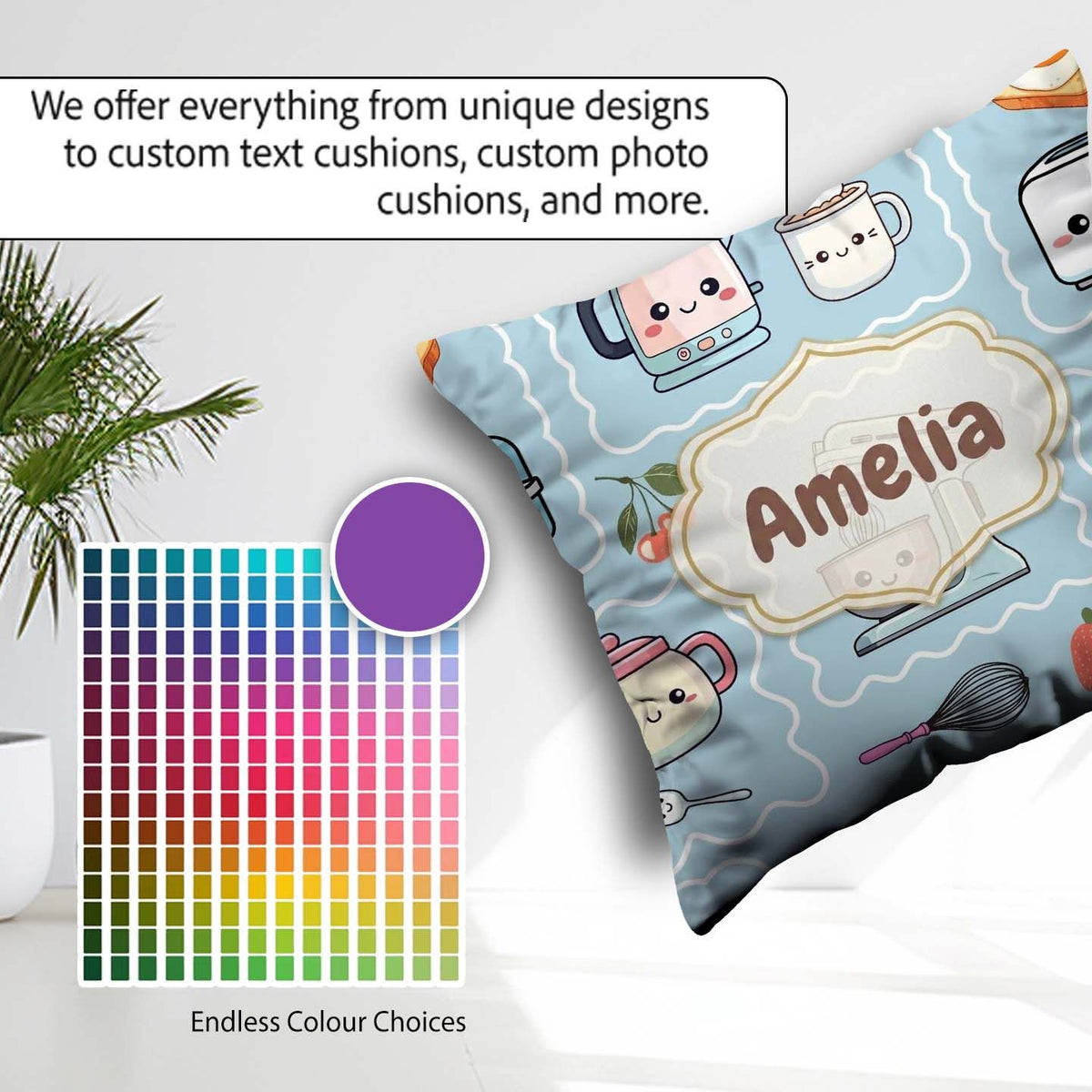 Custom Name Cute Kawaii Mixer Kettle Cups Fruit Blue Background Square Filled Cushion Throw Pillow Sofa Bed Home Decor Zip Washable UK Made