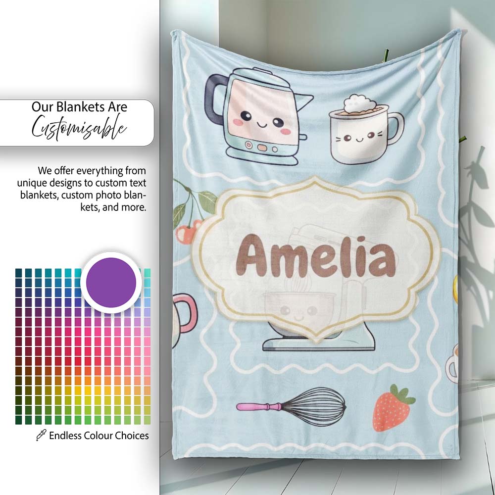 Cute Kawaii Mixer Kettle Cups Fruit Blue Background Seamless Personalised Custom Name Super Soft Fleece Blanket Bed Sofa Throw