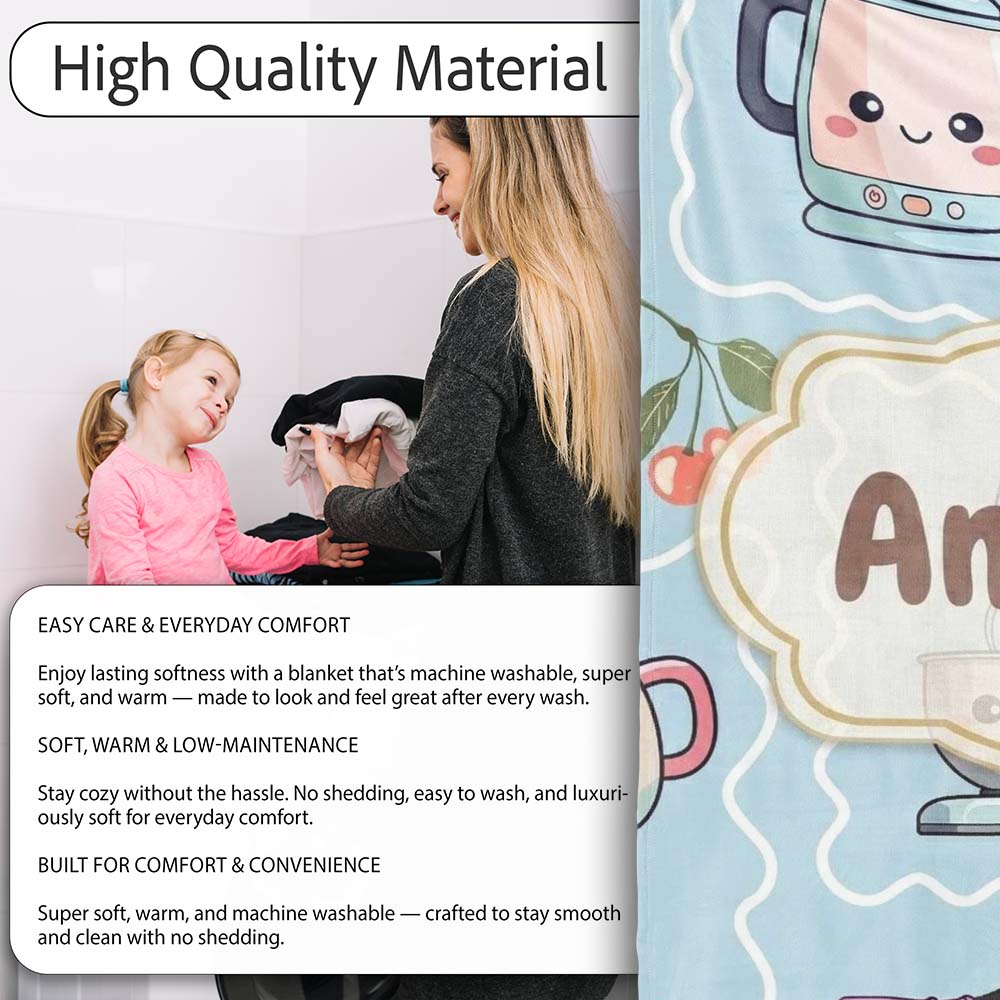 Cute Kawaii Mixer Kettle Cups Fruit Blue Background Seamless Personalised Custom Name Super Soft Fleece Blanket Bed Sofa Throw