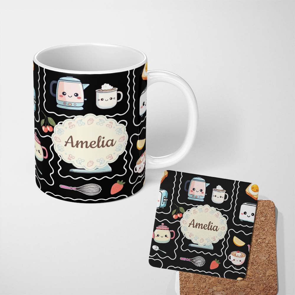 Personalized Custom Name Cute Kawaii Mixer Kettle Cups Fruit Black Background Seamless 11oz Ceramic Coffee Tea Mug White Large Handle