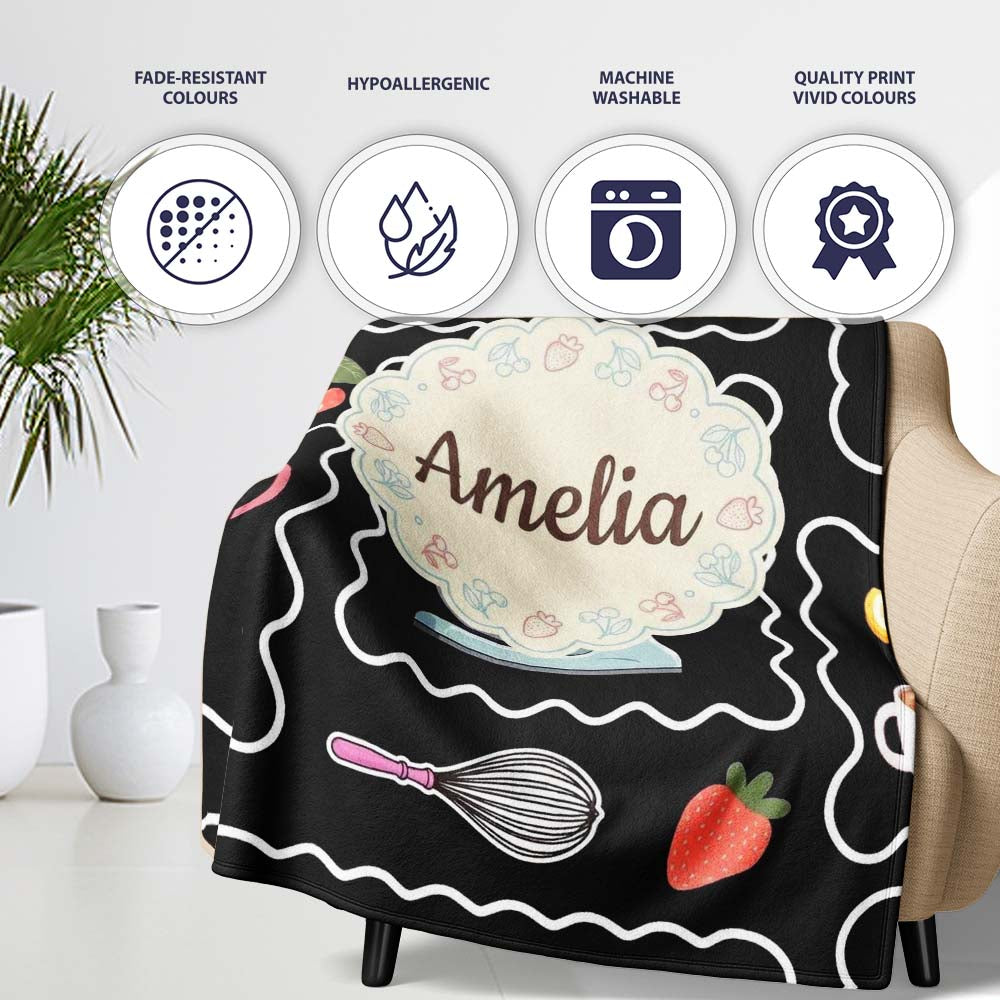 Cute Kawaii Mixer Kettle Cups Fruit Black Background Seamless Personalised Custom Name Super Soft Fleece Blanket Bed Sofa Throw