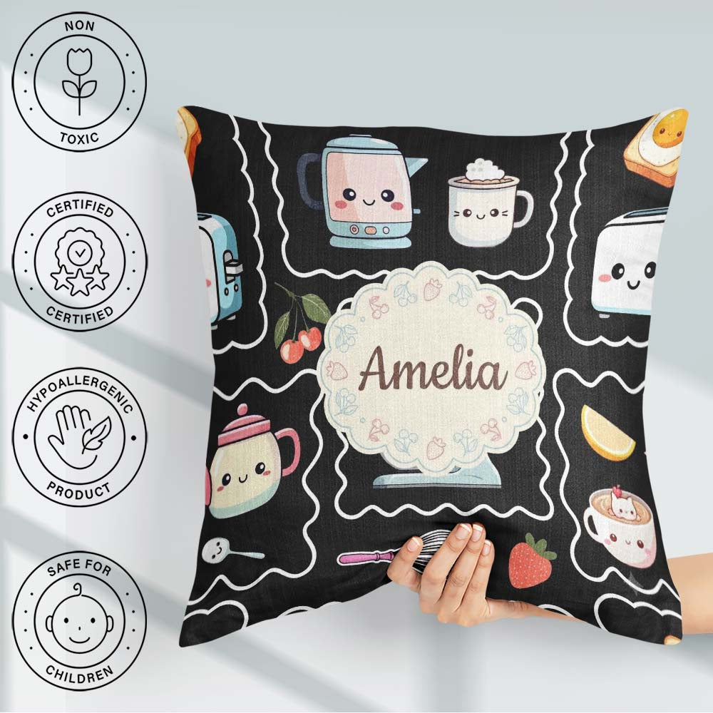 Custom Name Cute Kawaii Mixer Kettle Cups Fruit Black Background Square Filled Cushion Throw Pillow Sofa Bed Home Decor Zip Washable UK Made