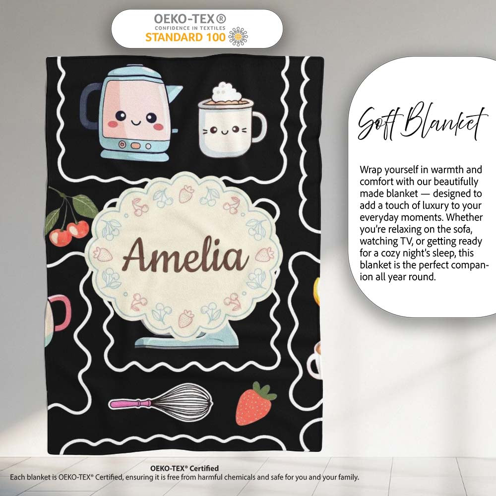 Cute Kawaii Mixer Kettle Cups Fruit Black Background Seamless Personalised Custom Name Super Soft Fleece Blanket Bed Sofa Throw