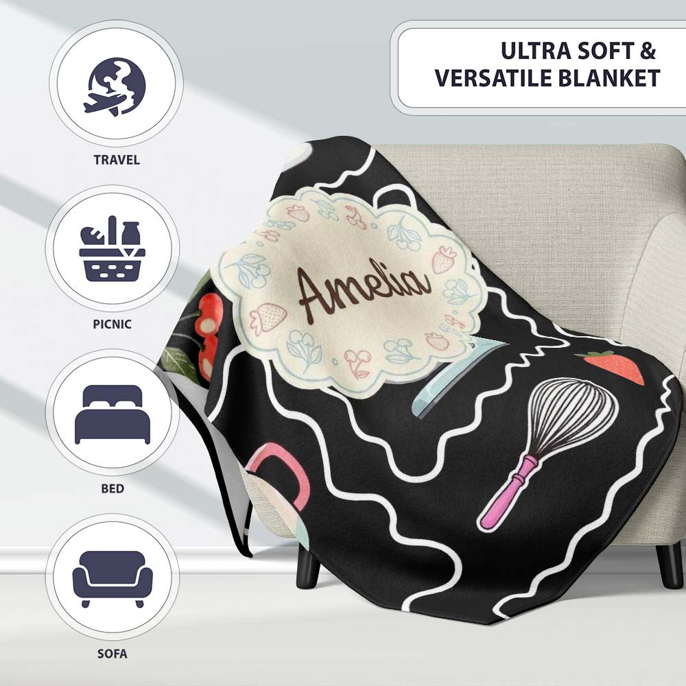 Cute Kawaii Mixer Kettle Cups Fruit Black Background Seamless Personalised Custom Name Super Soft Fleece Blanket Bed Sofa Throw