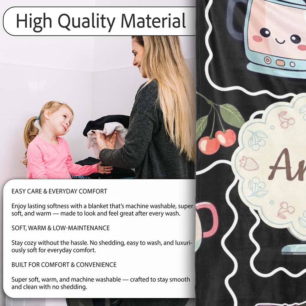 Cute Kawaii Mixer Kettle Cups Fruit Black Background Seamless Personalised Custom Name Super Soft Fleece Blanket Bed Sofa Throw