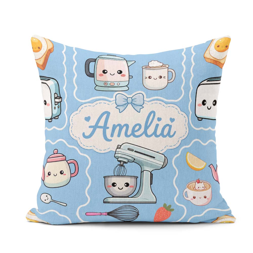 Custom Name Kawaii Mixer Kettle Cups Fruit Blue Pattern Seamless Square Filled Cushion Throw Pillow Sofa Bed Home Decor Zip Washable UK Made