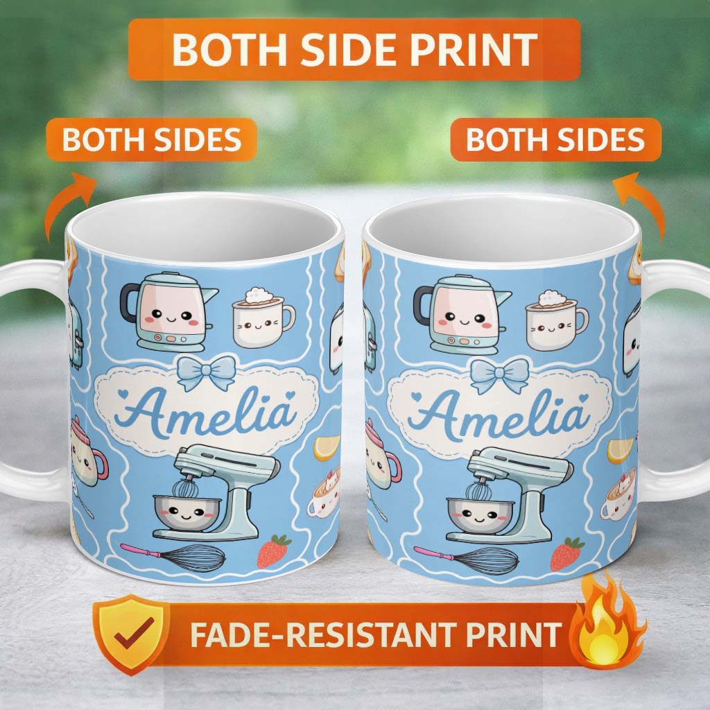 Personalized Custom Name Cute Kawaii Mixer Kettle Cups Fruit Blue Pattern Seamless Name 11oz Ceramic Coffee Tea Mug White Large Handle
