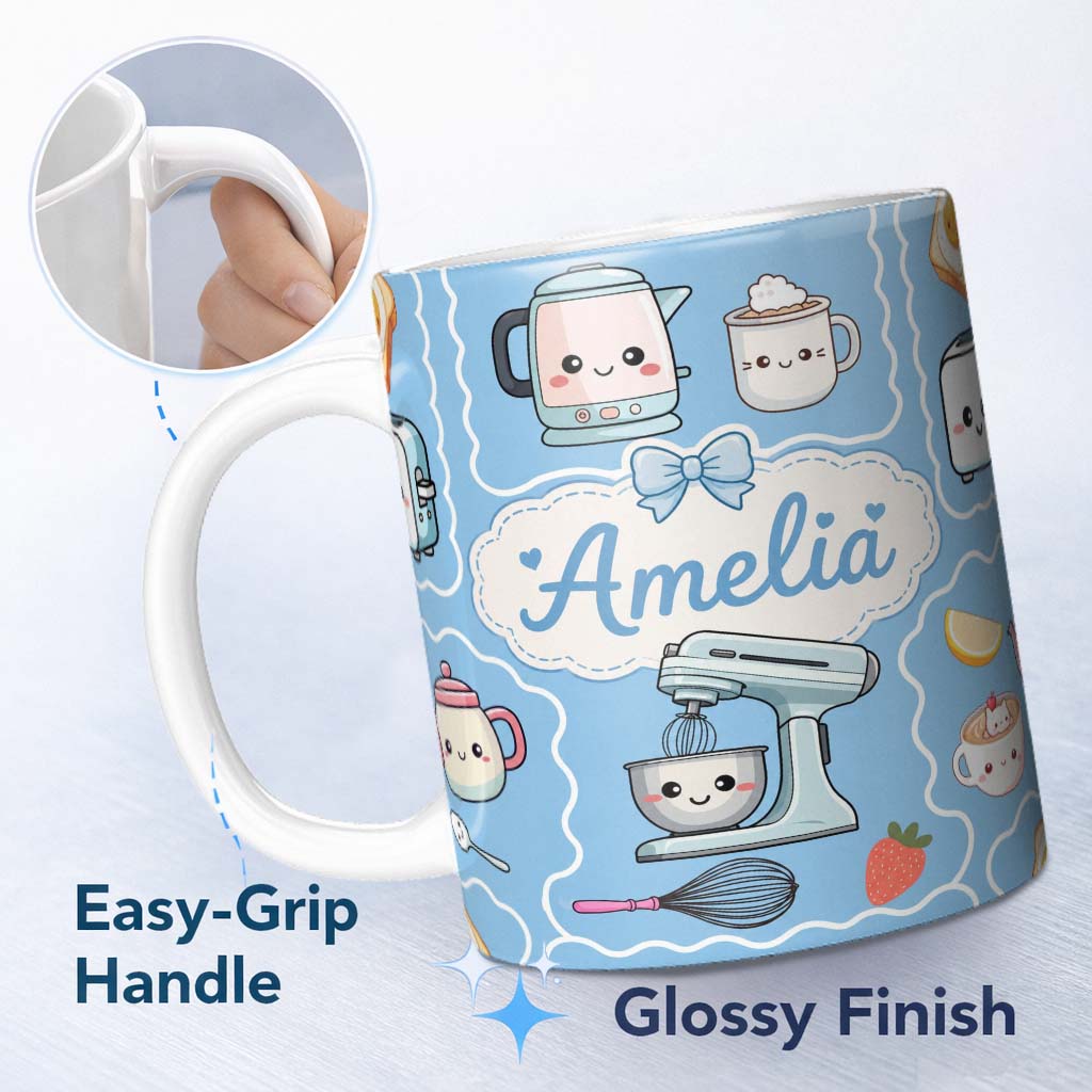 Personalized Custom Name Cute Kawaii Mixer Kettle Cups Fruit Blue Pattern Seamless Name 11oz Ceramic Coffee Tea Mug White Large Handle