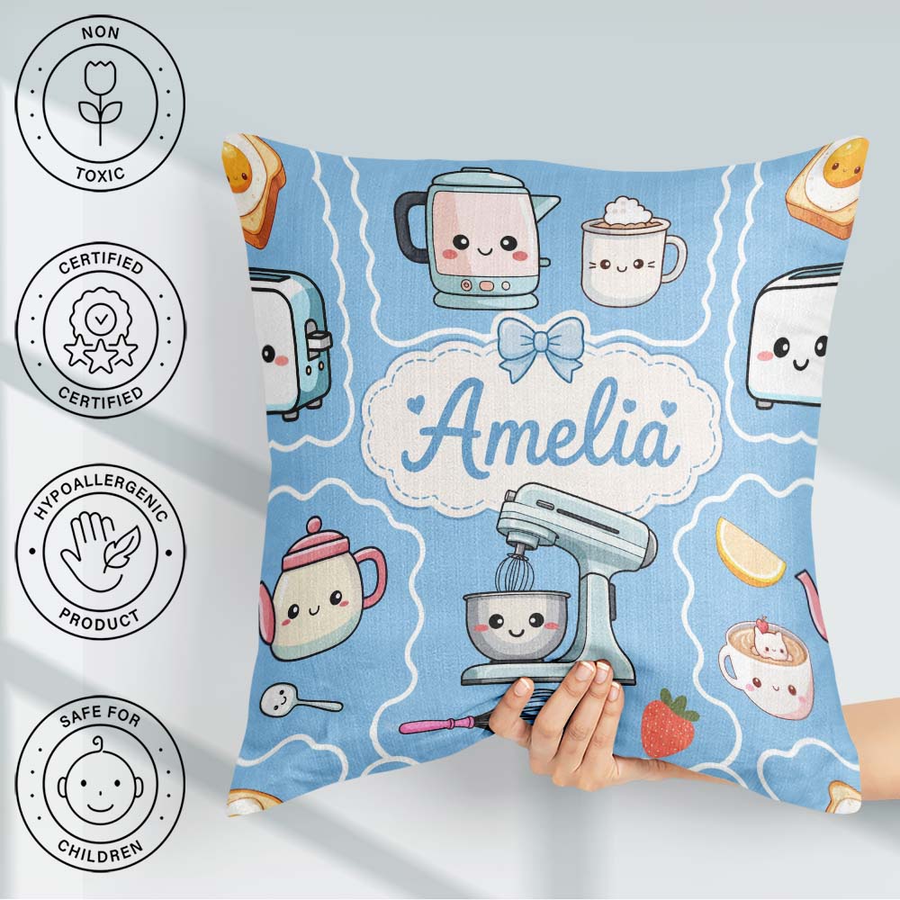 Custom Name Kawaii Mixer Kettle Cups Fruit Blue Pattern Seamless Square Filled Cushion Throw Pillow Sofa Bed Home Decor Zip Washable UK Made