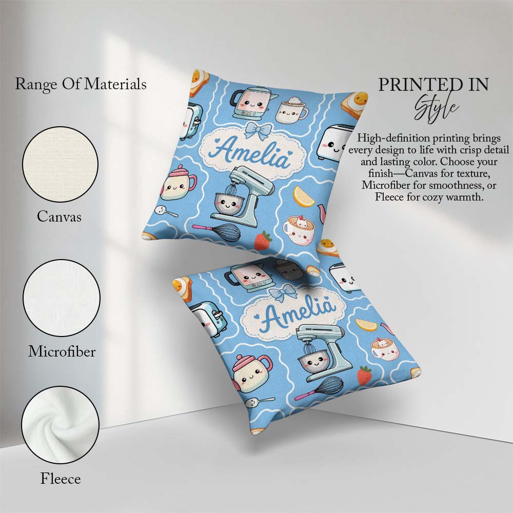 Custom Name Kawaii Mixer Kettle Cups Fruit Blue Pattern Seamless Square Filled Cushion Throw Pillow Sofa Bed Home Decor Zip Washable UK Made