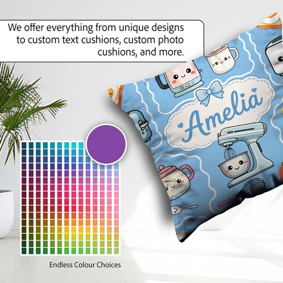 Custom Name Kawaii Mixer Kettle Cups Fruit Blue Pattern Seamless Square Filled Cushion Throw Pillow Sofa Bed Home Decor Zip Washable UK Made