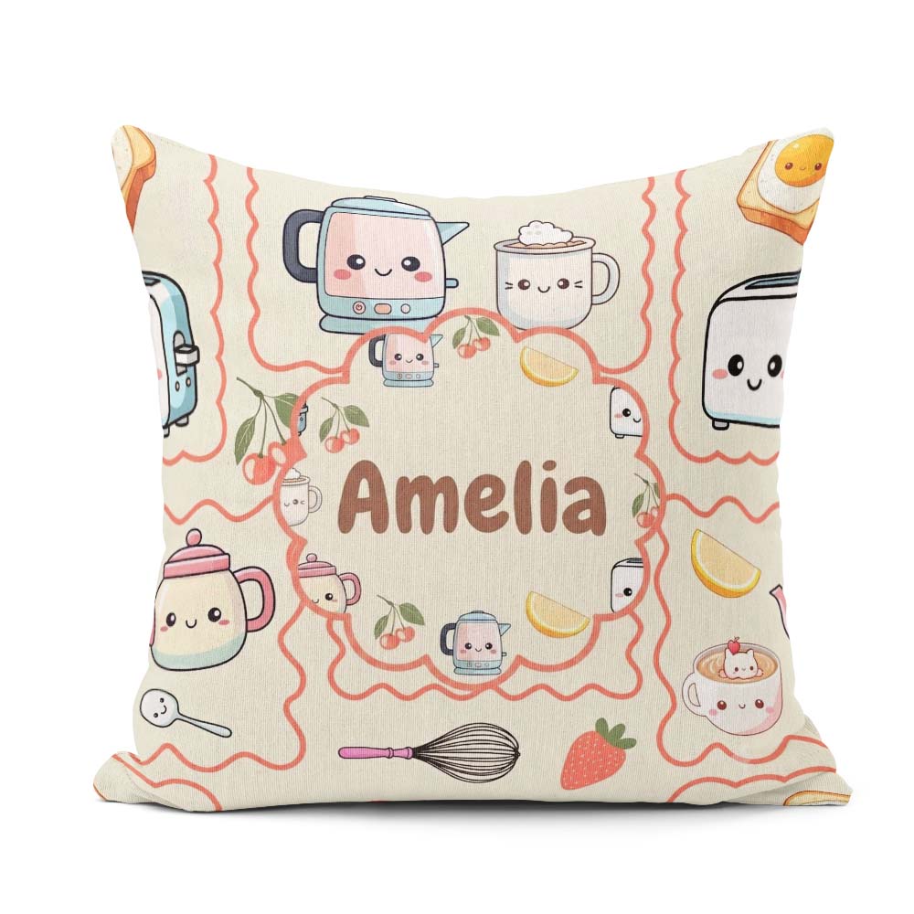 Custom Name Cute Kawaii Mixer Kettle Cups Fruit Beige Background Square Filled Cushion Throw Pillow Sofa Bed Home Decor Zip Washable UK Made