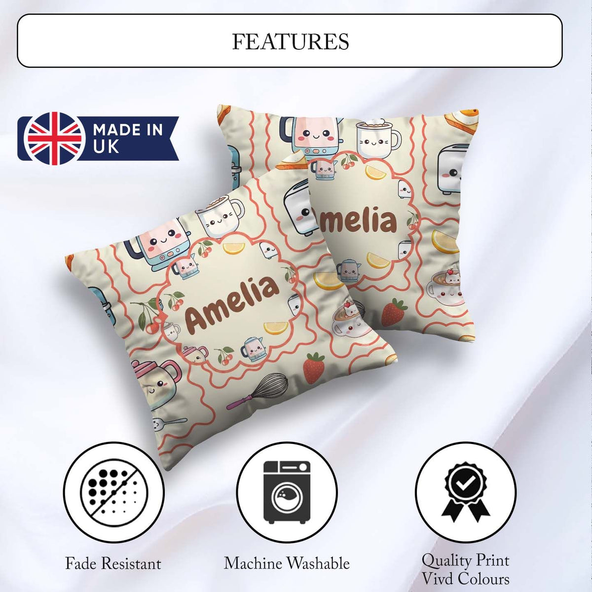 Custom Name Cute Kawaii Mixer Kettle Cups Fruit Beige Background Square Filled Cushion Throw Pillow Sofa Bed Home Decor Zip Washable UK Made