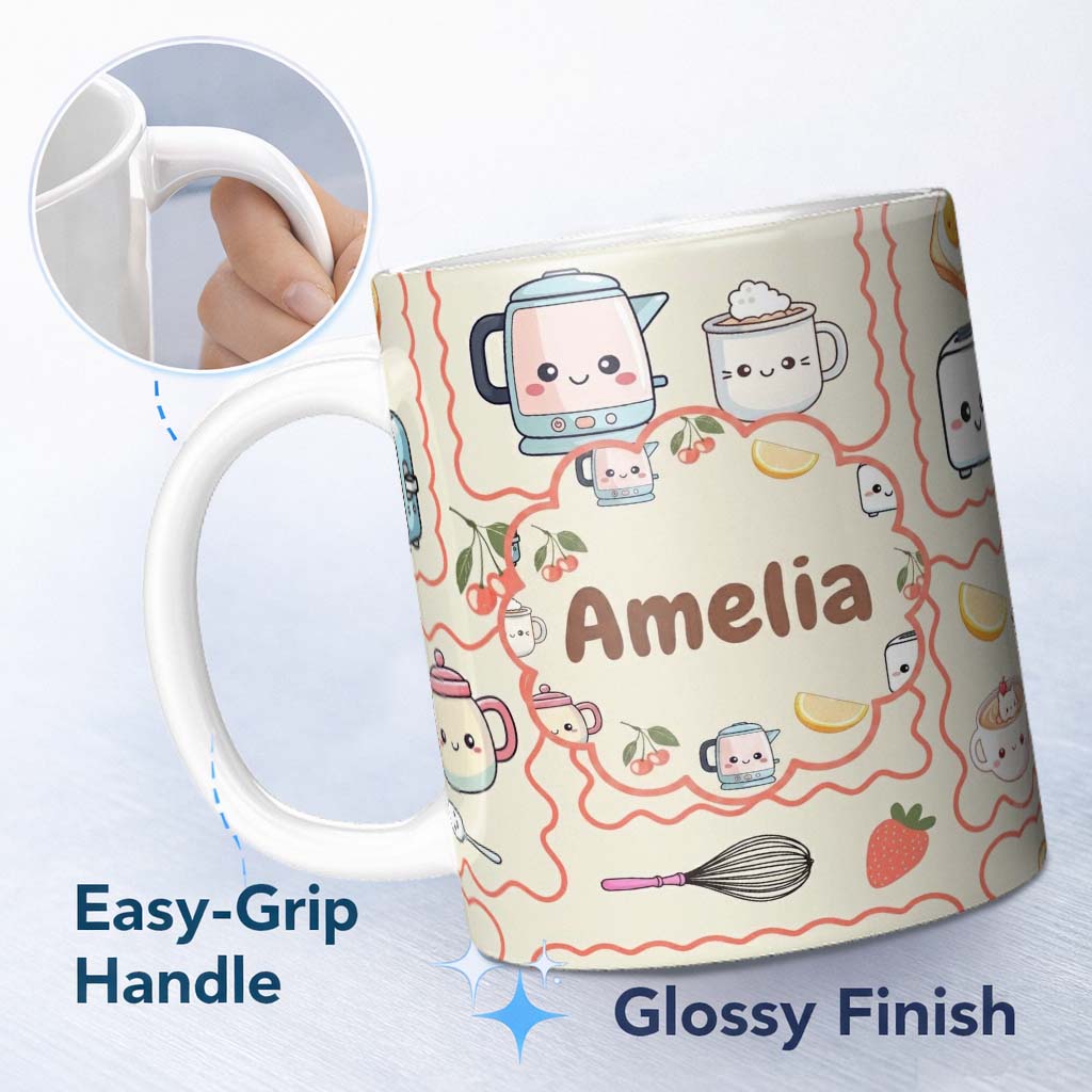 Personalized Custom Name Cute Kawaii Mixer Kettle Cups Fruit Beige Background Seamless 11oz Ceramic Coffee Tea Mug White Large Handle