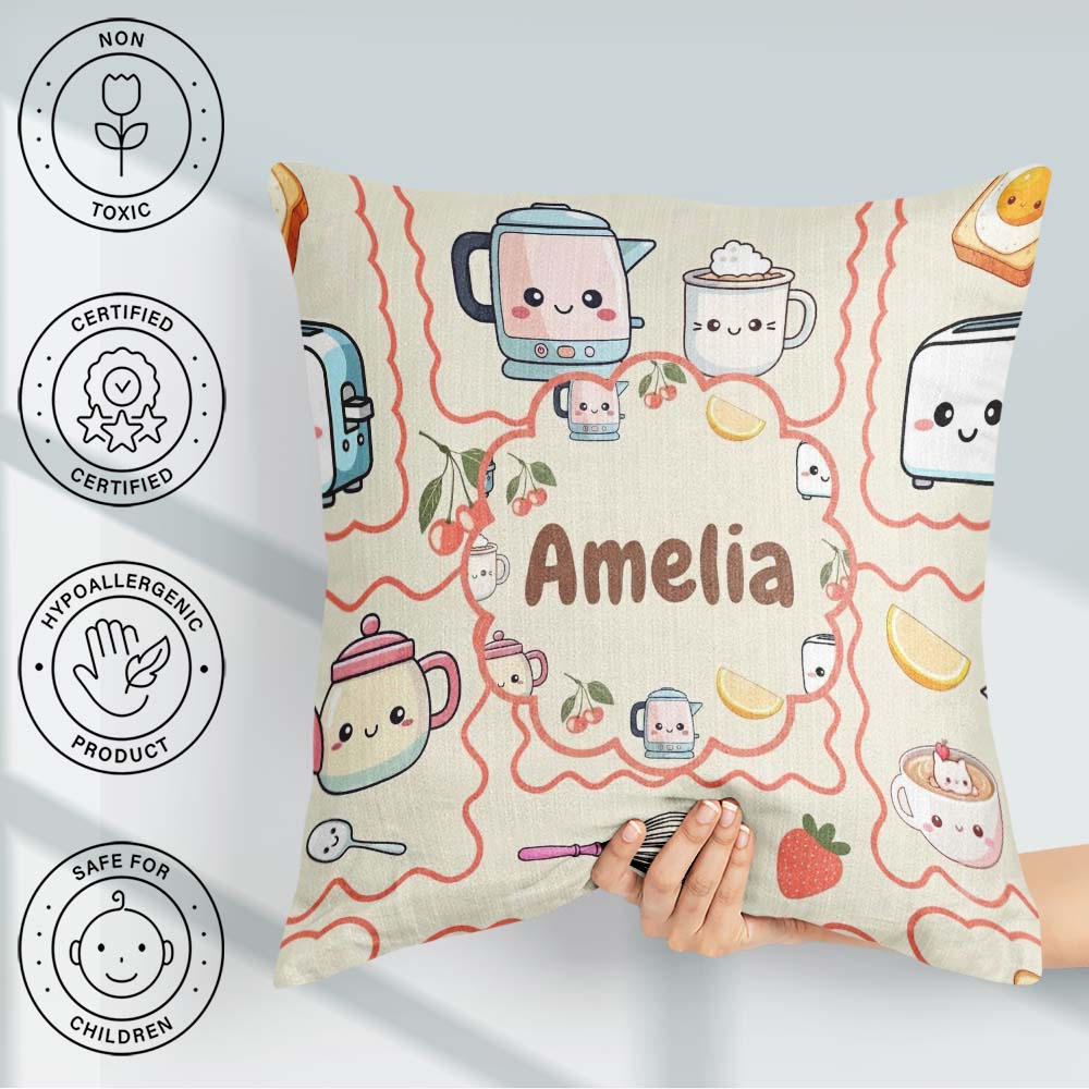 Custom Name Cute Kawaii Mixer Kettle Cups Fruit Beige Background Square Filled Cushion Throw Pillow Sofa Bed Home Decor Zip Washable UK Made