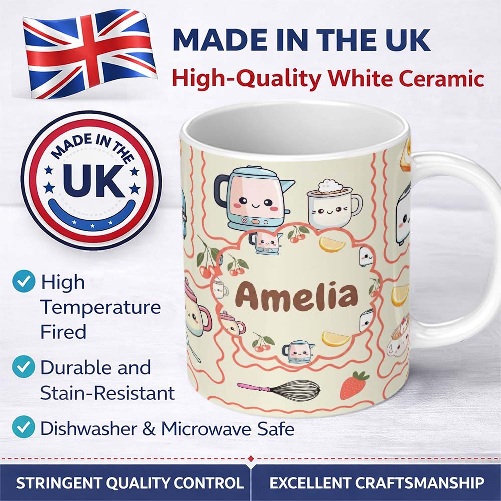 Personalized Custom Name Cute Kawaii Mixer Kettle Cups Fruit Beige Background Seamless 11oz Ceramic Coffee Tea Mug White Large Handle