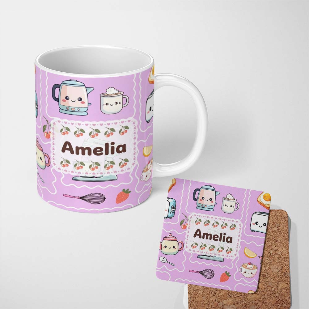Personalized Custom Name Cute Kawaii Kitchen Mixer Kettle Cups Purple Background Seamless 11oz Ceramic Coffee Tea Mug White Large Handle