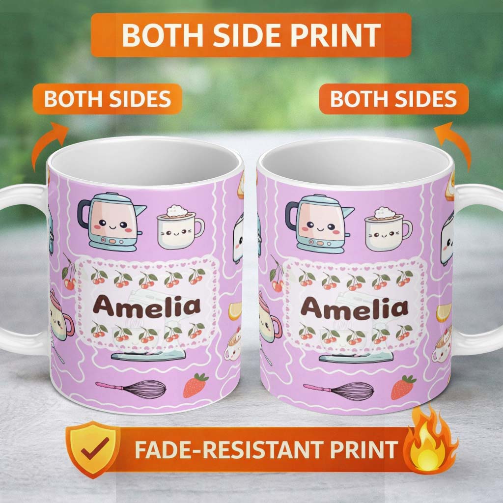 Personalized Custom Name Cute Kawaii Kitchen Mixer Kettle Cups Purple Background Seamless 11oz Ceramic Coffee Tea Mug White Large Handle