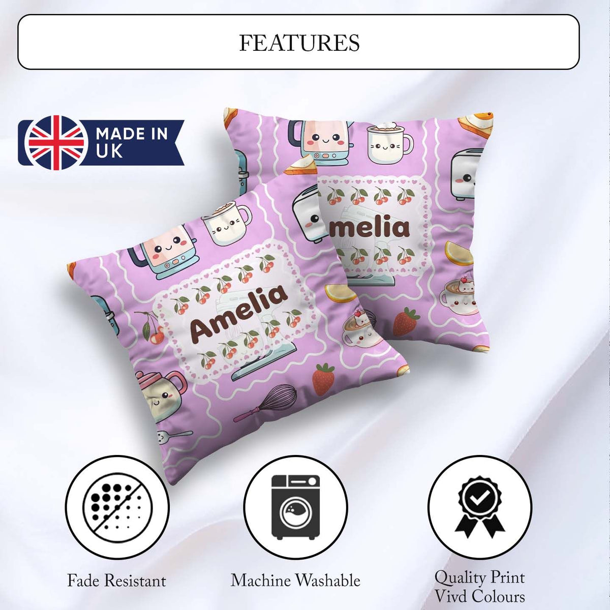 Custom Name Kawaii Mixer Kettle Cups Purple Background Seamless Square Filled Cushion Throw Pillow Sofa Bed Home Decor Zip Washable UK Made