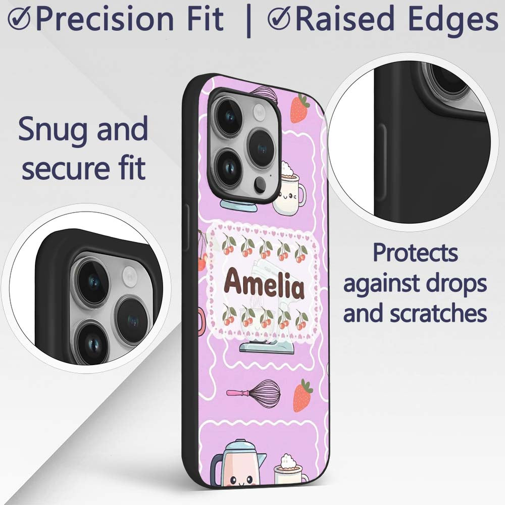 Cute Kawaii Mixer Kettle Cups Purple Background Custom Name Protective Phone Case Mobile Cover Durable Everyday Smartphone Shock Resistant