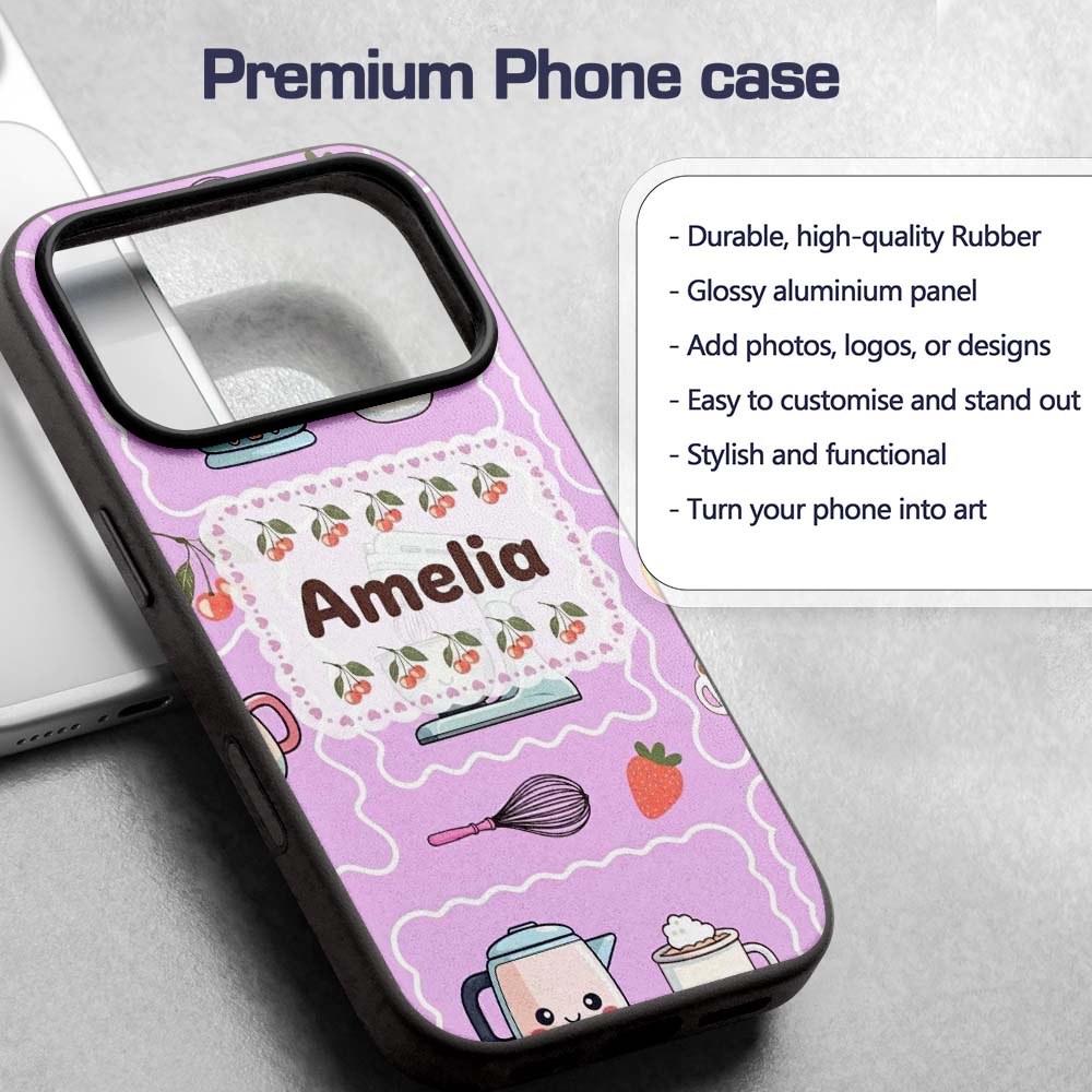 Cute Kawaii Mixer Kettle Cups Purple Background Custom Name Protective Phone Case Mobile Cover Durable Everyday Smartphone Shock Resistant