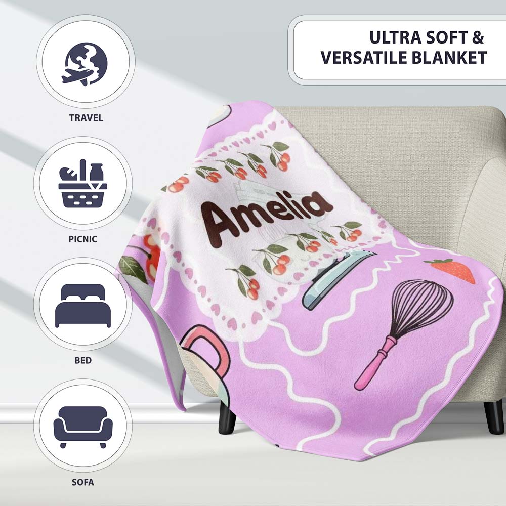 Cute Kawaii Mixer Kettle Cups Purple Background Seamless Personalised Custom Name Super Soft Fleece Blanket Bed Sofa Throw