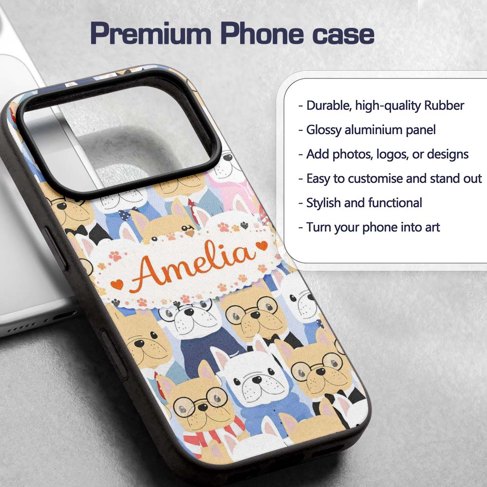 Stylish French Bulldog Dogs Decorative Design Custom Name Protective Phone Case Mobile Cover Durable Everyday Smartphone Shock Resistant