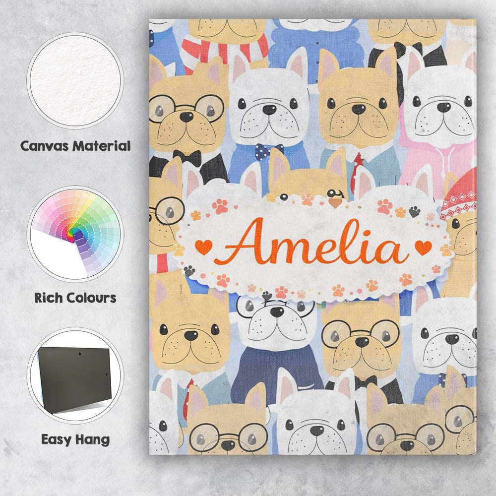 Personalised Name Stylish French Bulldog Dogs Fashion Outfit Seamless Custom Home Unique Canvas Wall Art Print Decor Picture Ready to Hang