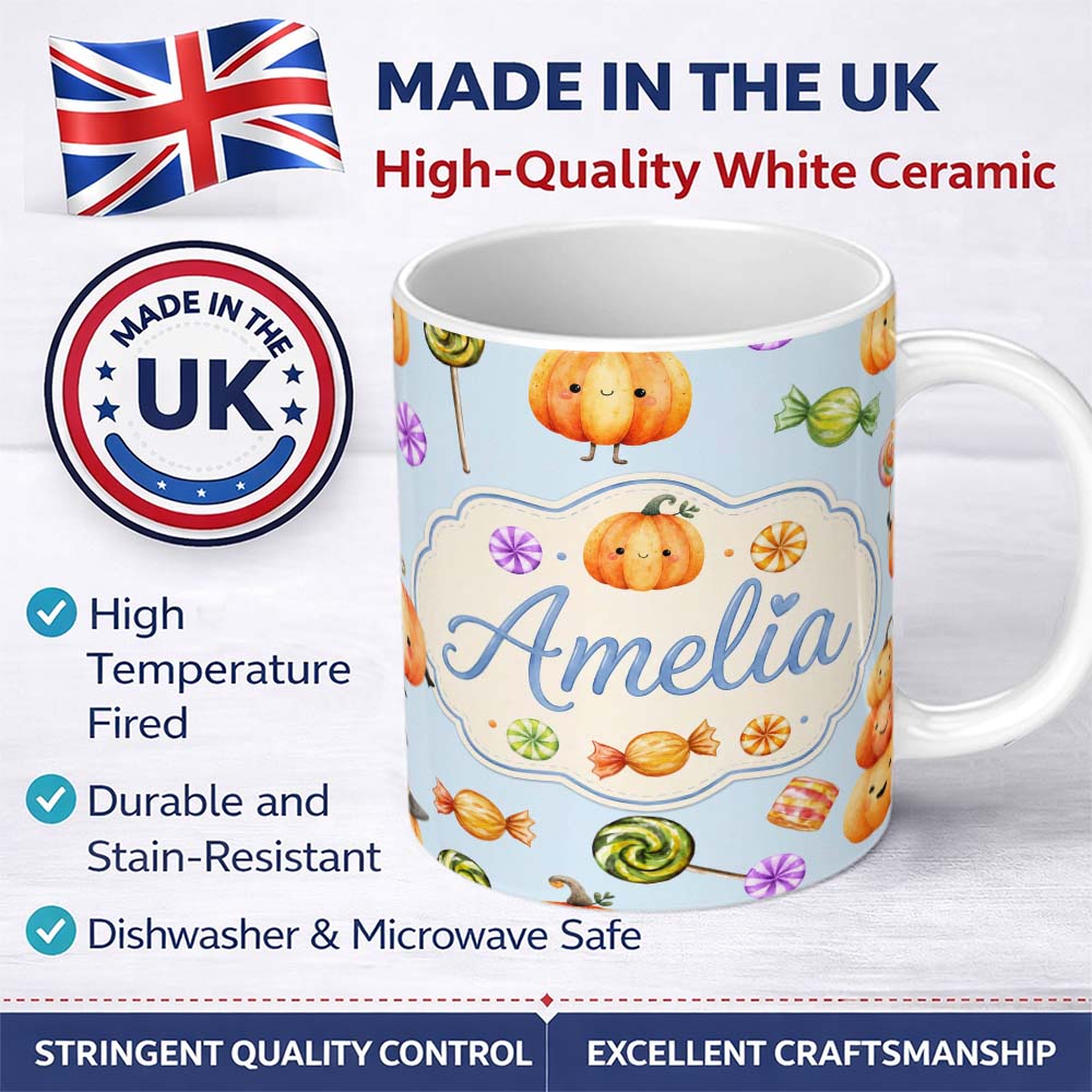 Personalized Custom Name Cute Watercolor Pumpkins and Candy Sweets on Soft Blue Background 11oz Ceramic Coffee Tea Mug White Large Handle