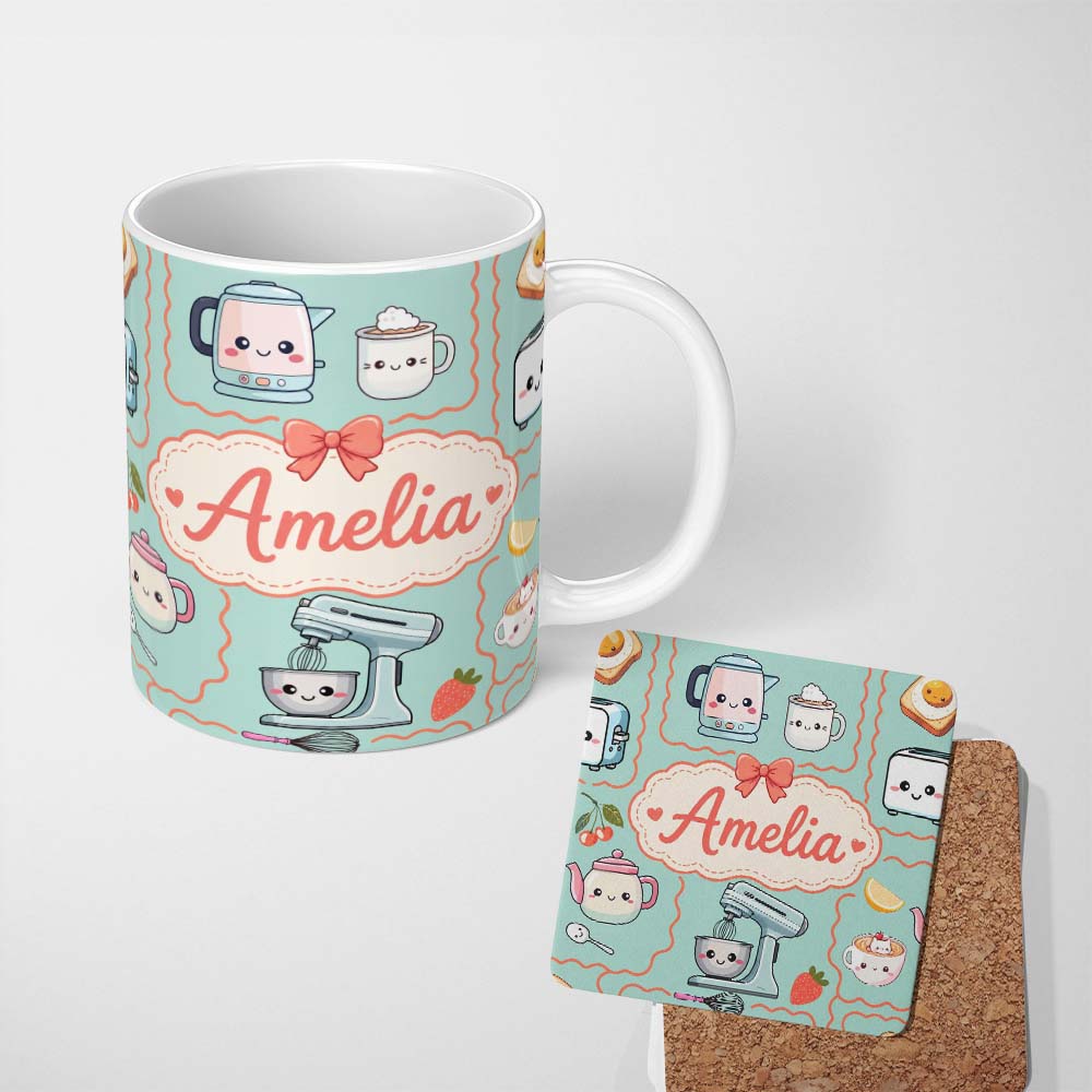 Personalized Custom Name Cute Kawaii Kitchen Mixer Kettle Cups Mint Background Seamless 11oz Ceramic Coffee Tea Mug White Large Handle