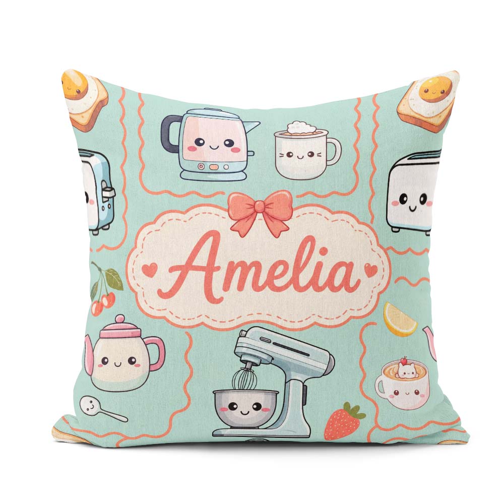 Custom Name Kawaii Mixer Kettle Cups Mint Background Seamless Square Filled Cushion Throw Pillow Sofa Bed Home Decor Zip Washable UK Made
