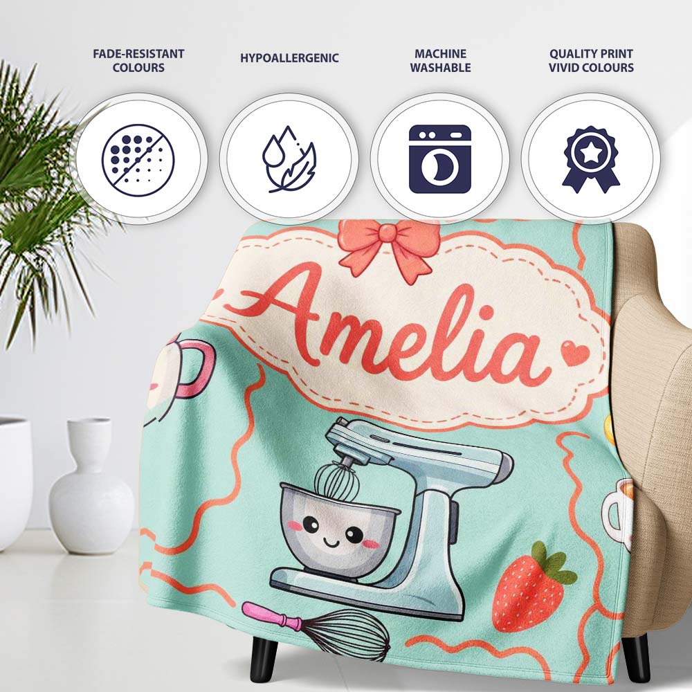 Cute Kawaii Mixer Kettle Cups Mint Background Seamless Personalised Custom Name Super Soft Fleece Blanket Bed Sofa Throw