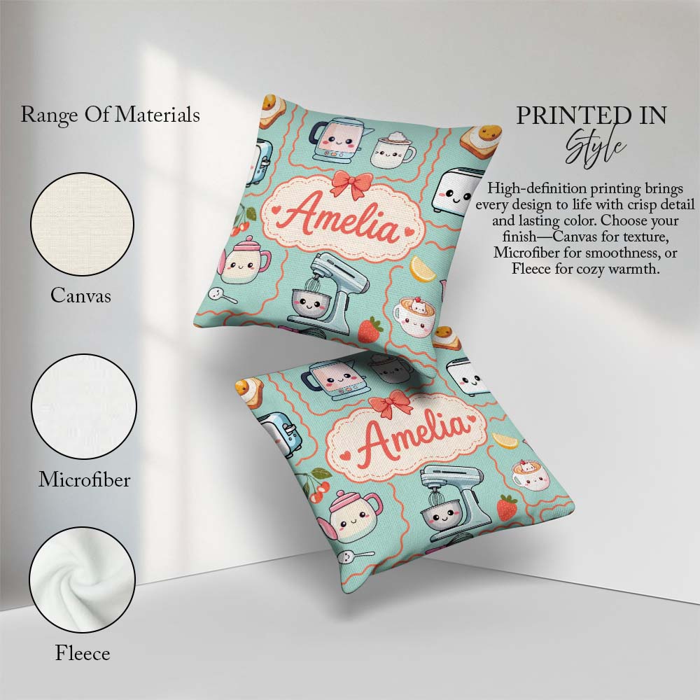 Custom Name Kawaii Mixer Kettle Cups Mint Background Seamless Square Filled Cushion Throw Pillow Sofa Bed Home Decor Zip Washable UK Made