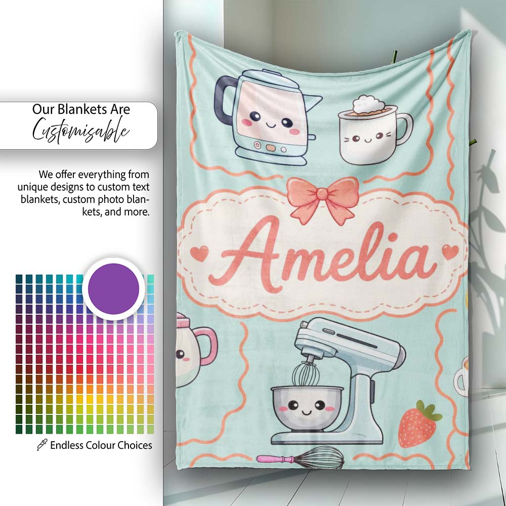 Cute Kawaii Mixer Kettle Cups Mint Background Seamless Personalised Custom Name Super Soft Fleece Blanket Bed Sofa Throw