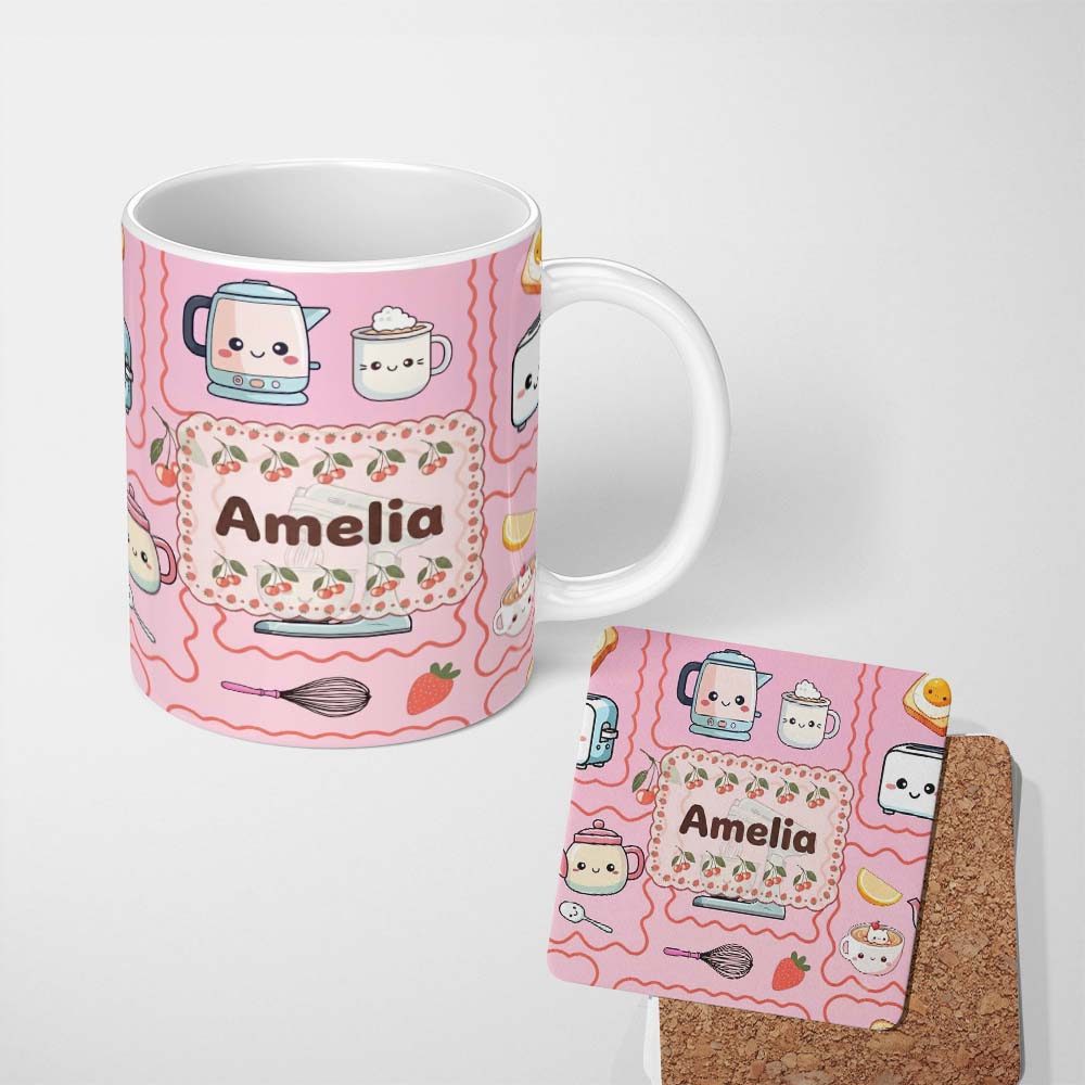 Personalized Custom Name Cute Kawaii Kitchen Mixer Kettle Cups Blush Background Seamless 11oz Ceramic Coffee Tea Mug White Large Handle